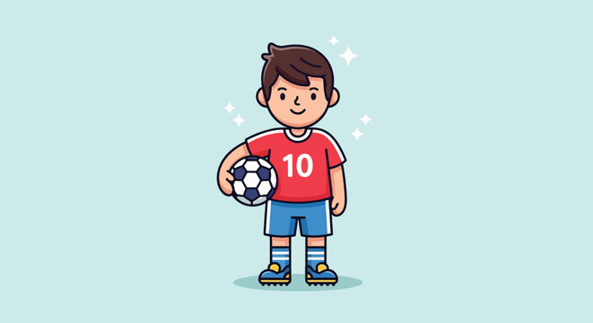 Cute Cartoon Boy Holding Soccer Ball.