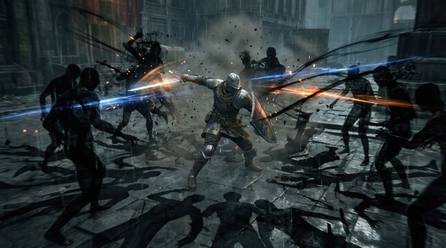 Action packed scene of a warrior engaging in combat surrounded by foes