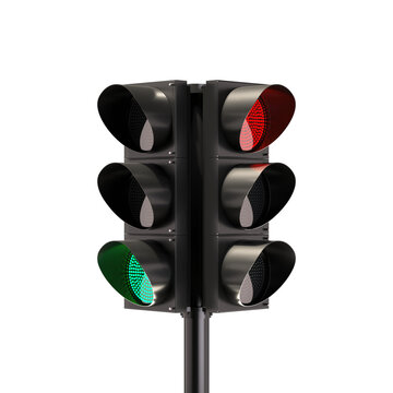 Double traffic light with red and green colors on. Mockup for ideas. 3D rendering.