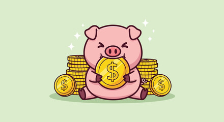 Cute Piggy Bank Holding a Gold Coin with Stacks of Coins. © NFS Studio