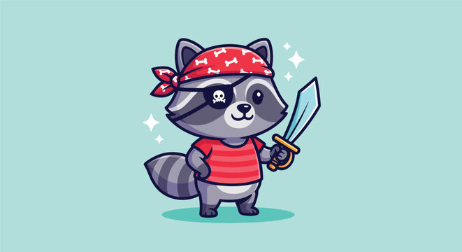 Cute Raccoon Pirate Character with Sword and Eye Patch.