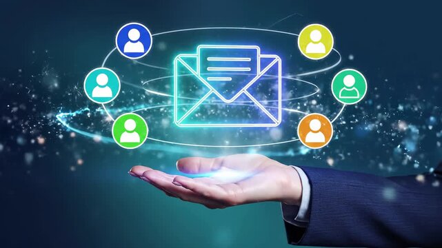 Email communication network with user icons orbiting digital envelope above business palm. Corporate mass mailing and group messaging system for customer outreach and team