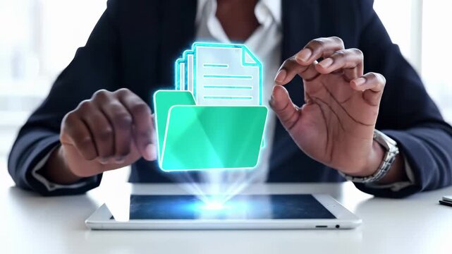 Business professional accessing digital document folder on tablet on office desk. Corporate file management and paperless data storage technology for modern enterprise workflow and productivity