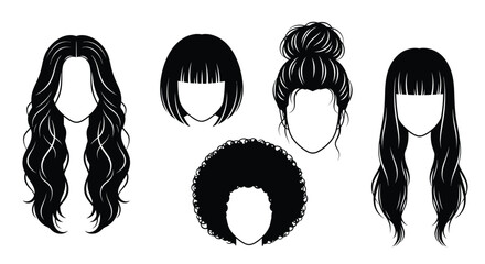 This image showcases diverse and stylish women s hairstyles ranging from long waves to neat buns presented as a striking silhouette high quality professional © rsvect02