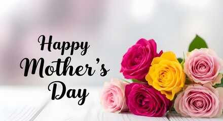 Fototapeta premium Happy Mother's Day floral bouquet with pink and yellow roses isolated on transparent background