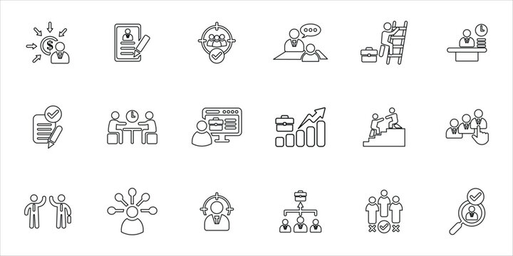 redruitment icons set. candidates, employee, job, recruit, resume, skill, contract and more. simple line vector