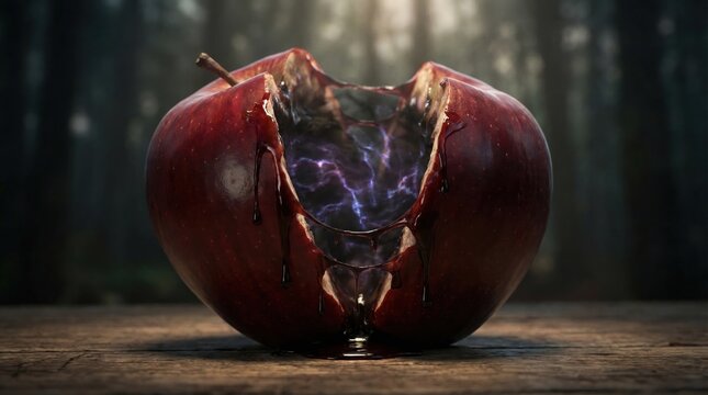 Close up of a damaged red apple with a dark textured core and lighting