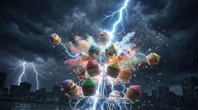 Cupcakes exploding amidst lightning bolts in dramatic weather scene