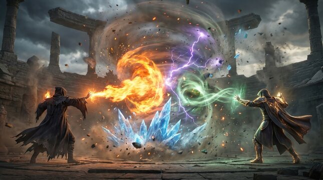 Magical battle two figures casting elemental spells in a fantasy scene
