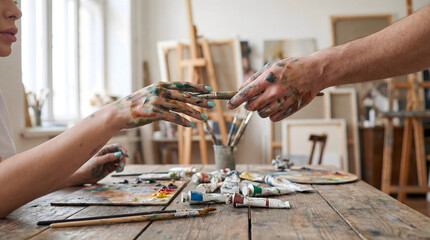 Fototapeta premium Artists with messy hands sharing a paint brush