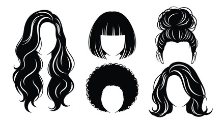 A striking collection of diverse female hairstyles are elegantly displayed in a monochromatic design showcasing varying lengths and textures silhouette high quality professional detailed © rsvect02