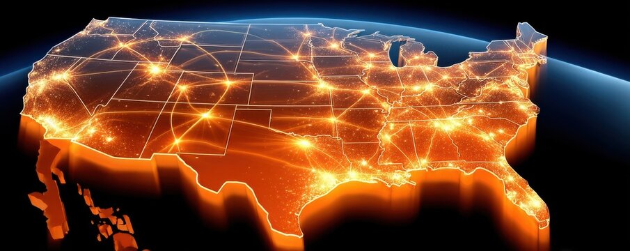 High-resolution United States map with glowing orange lights and network connections across cities