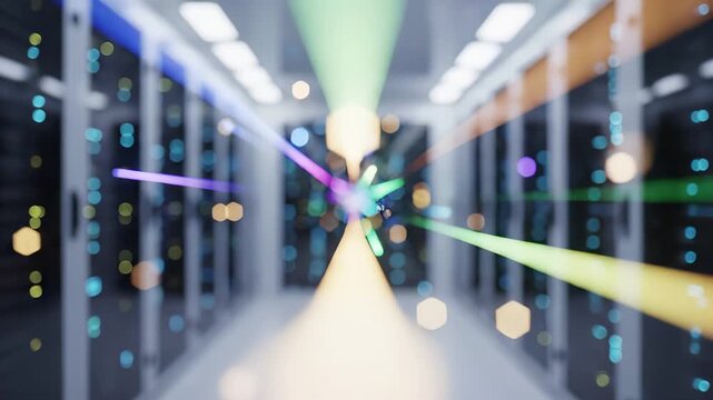 Colorful light beams and bokeh effects in futuristic server datacenter corridor. Speed data transmission and network infrastructure for cloud computing and digital enterprise storage technology