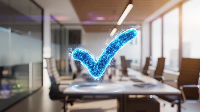 Glowing digital checkmark floating over conference room table in modern corporate office. Business task approval and meeting decision success symbol for professional achievement and quality management