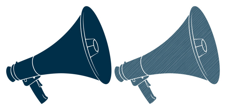 Two blue megaphones, one solid and one sketched, facing each other on a white background.
