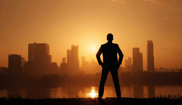 A confident businessman standing with hands on hips looking at a modern city skyline during a beautiful golden sunset