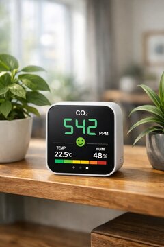 Co2 monitor display showing indoor air quality, temperature and humidity on wooden table with plants