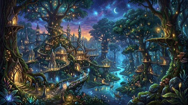 A complex digital fantasy artwork centering on a sprawling elven city