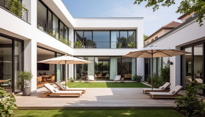 Fototapeta premium a modern house with large windows. Two umbrellas shade lounge chairs on a wooden deck surrounded by greenery and sunlight.