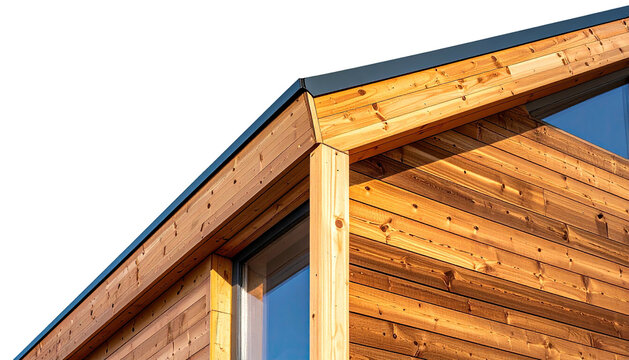 Wood-paneled building's corner shows angle and window against black sky