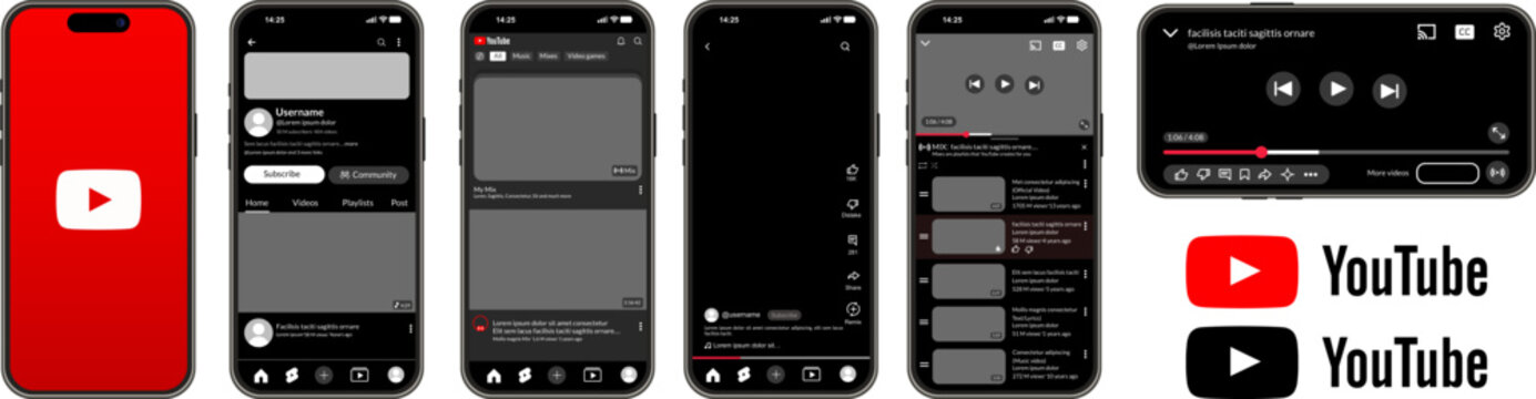 Collection of user interfaces for the YouTube mobile app, playback screens and video channel with dark theme, media player designs for smartphones with brand logo