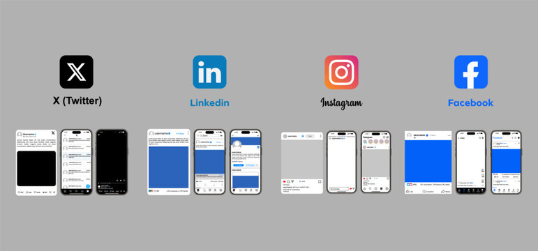 Collection of icons from major social media apps, mobile user interface of X and LinkedIn, comparison of Instagram and Facebook branding platforms