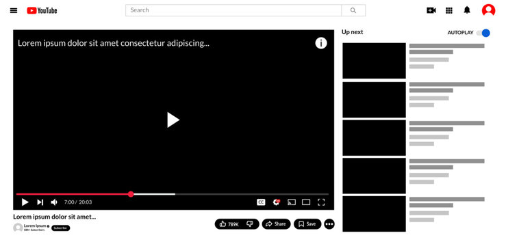 YouTube desktop video player interface, professional web browser streaming design with sidebar, dark mode video playback screen with control_1