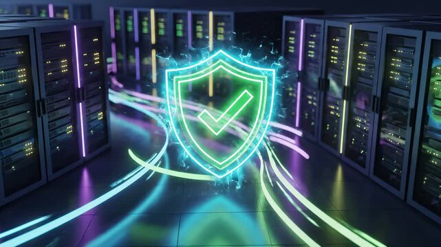 Glowing security shield with checkmark in server datacenter room with neon lit racks. Cybersecurity data protection and network defense system for enterprise digital infrastructure and cloud storage