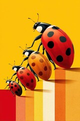 Fototapeta premium Ladybugs walking in a line ascending colorful steps, a playful symbol of growth and progression
