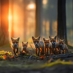 Fototapeta premium Foxes standing in the forest with setting sun shining. Group of wild animals in nature. Horizontal, banner.