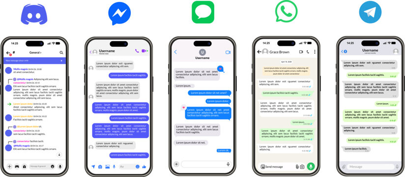 Comparative set of chat and messaging application interfaces, user interface designs of Discord, Messenger and WhatsApp, mobile conversation screens of Telegram and iMessage