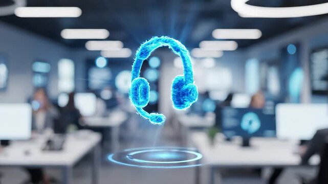 Glowing digital headset floating above call center office with workstations and staff. Customer service and helpdesk support communication technology for modern corporate contact operations