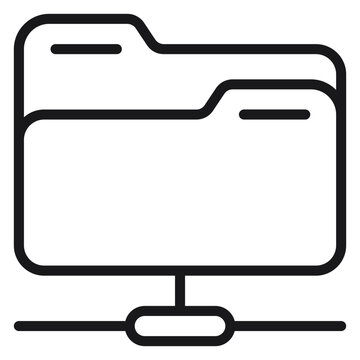 Network shared folder vector icon. Minimalist black line illustration of a file folder connected to a network connection line, representing data sharing, FTP, and server storage connectivity.