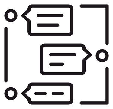 Minimalist black vector icon illustration of a chat conversation thread with speech bubbles and user avatars, representing digital communication, messaging, and social interaction.