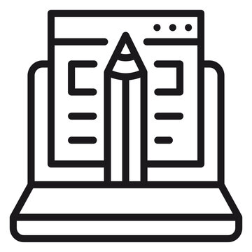 Web design and content creation vector icon featuring a laptop computer with a browser window and a pencil, representing digital editing, blogging, and UI/UX development in a minimalist style.
