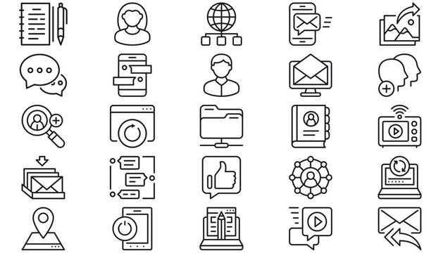 25 Minimalist Black Vector Icon Set: Communication, Social Media, Business, and Technology Symbols. Includes Messaging, User Profiles, Email, Networking, Web Design, and Digital Interface Elements.