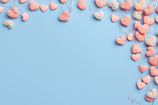 Light pink pastel hearts scattered on blue gradient background, soft bokeh effect