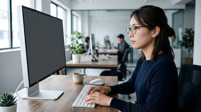 Japanese businesswoman typing on keyboard looking at empty computer monitor, focused office work and modern workplace concept