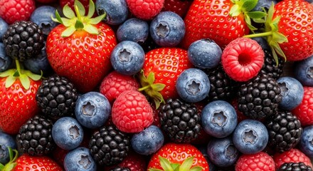 Obraz premium Closeup mixed berries background with strawberries blueberries raspberries and blackberries for food texture wallpaper and colorful summer design