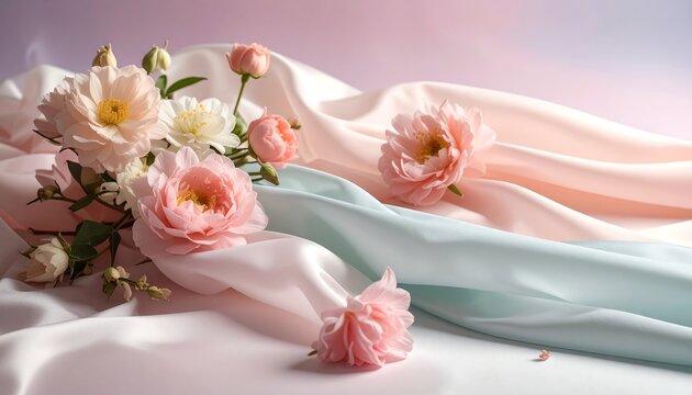 Delicate pink and cream roses cascade across pastel silk fabric, dreamy and elegant