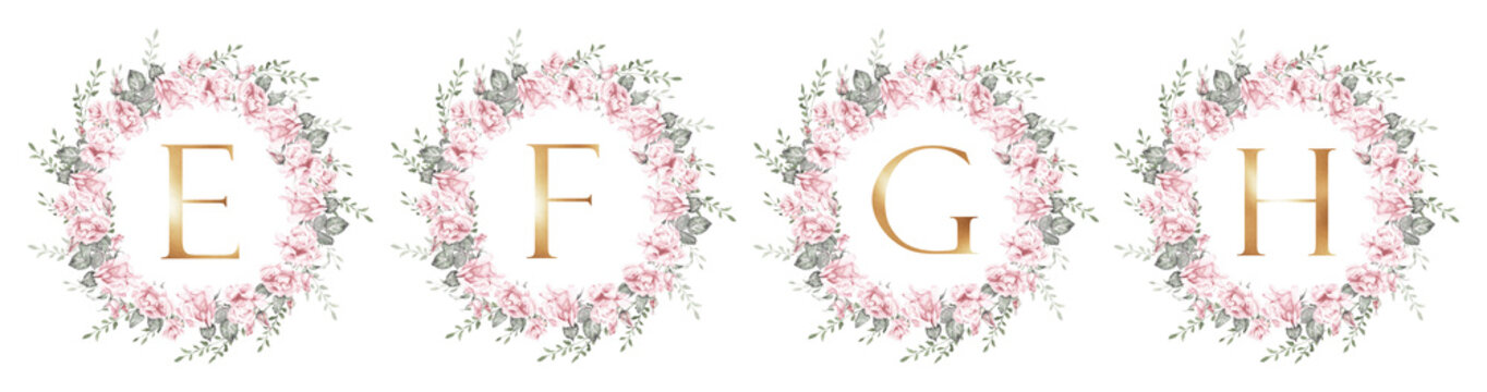 Watercolor rose wreath set with gold letters E, F, G and H, botanical floral monogram collection for wedding invitations, branding, logo design and decorative templates