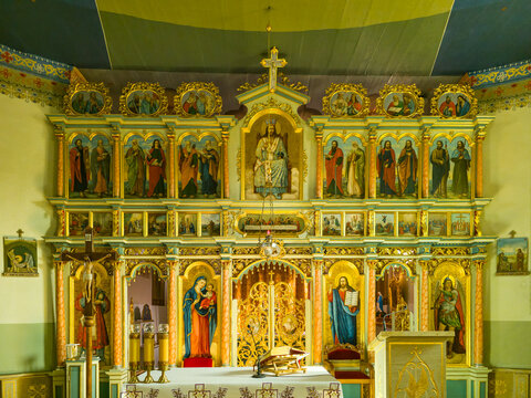 Ornate church altar with iconostasis and religious paintings interior Smerkowiec Poland 21 March 2026