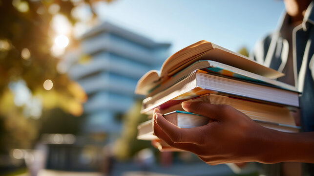 Close up of hands holding a stack of textbooks at a bright college campus a campus building visible behind the books showing well thumbed pages and colored bookmarks warm