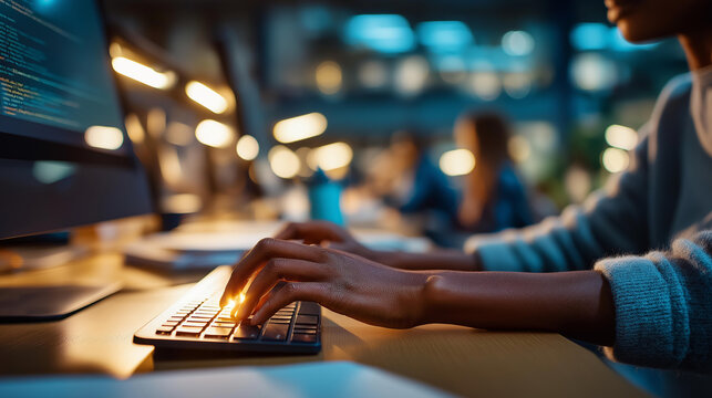 Close up of hands at a bright campus computer lab using a desktop computer with a code editor visible on the screen study materials beside the keyboard warm computer lab