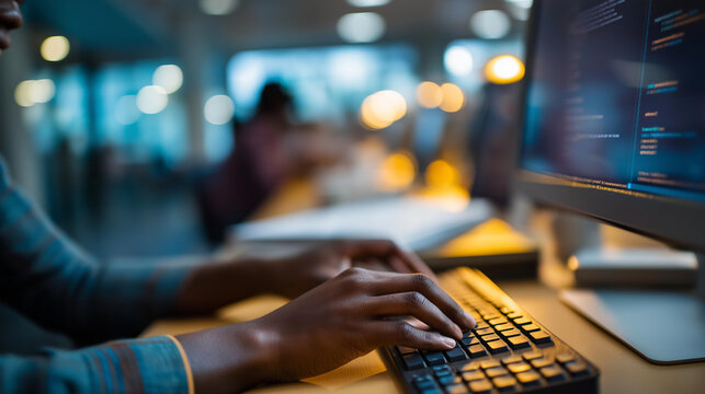 Close up of hands at a bright campus computer lab using a desktop computer with a code editor visible on the screen study materials beside the keyboard warm computer lab