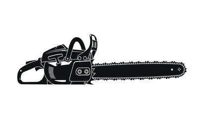 A striking black silhouette depicts a powerful chainsaw laying horizontally showcasing its detailed mechanical design silhouette high quality professional modern elegant stylish clean crisp © Thysl2000