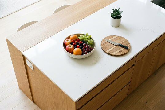 Minimalist Kitchen Island with Fresh Fruit, Cutting Board, and Plant