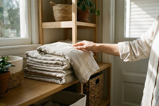 Close-up of a hand placing a soft linen towel onto a neatly stacked shelf in a clean laundry room, conveying accomplishment and calm
