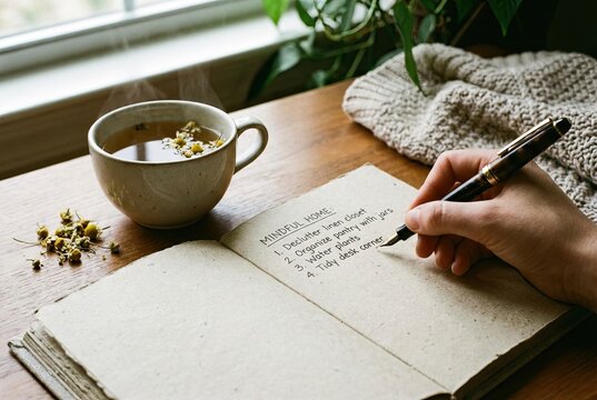 Close-up of Hand Drawing Mindful To-Do List in Notebook with Herbal Tea for Peaceful Home Organization