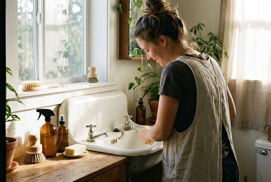 Person mindfully cleaning a vintage sink with eco-friendly supplies, highlighting a moment of self-care in warm, diffused light